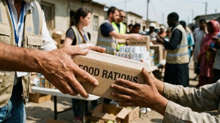 Humanitarian Aid: Charity workers distributing supplies in local neighborhood