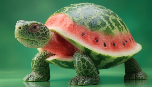 Turtle with a watermelon shell on a green background eating fruit