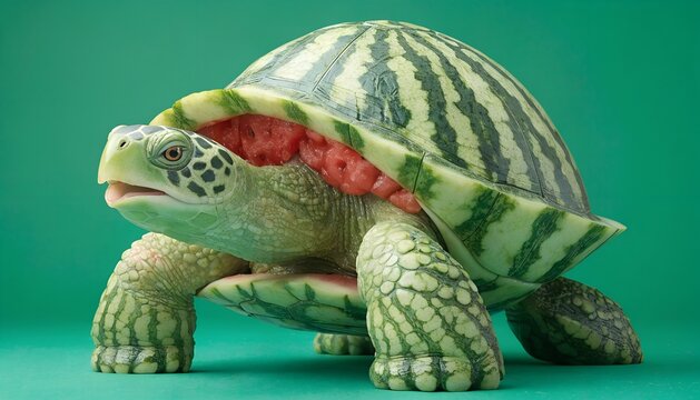 Turtle made of watermelon on green background eating watermelon