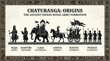 Fototapeta premium Infographic illustration of ancient Indian royal army formation Chaturanga with labeled military units and vehicles on a beige background with ornate border.