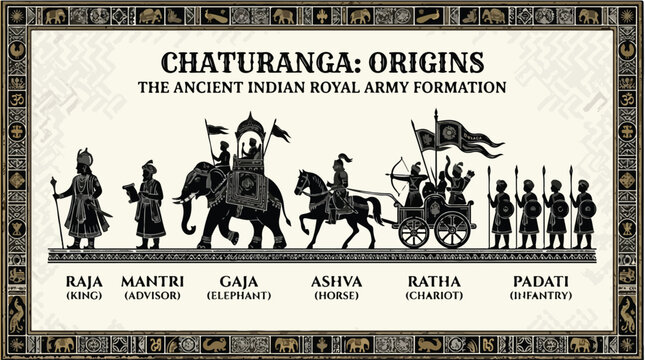 Infographic illustration of ancient Indian royal army formation Chaturanga with labeled military units and vehicles on a beige background with ornate border.