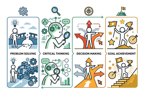 An infographic illustrates a stickman achieving goals through problem solving, critical thinking, decision making in business.