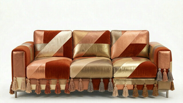 Eclectic patchwork sofa with a mix of velvet and metallic leather isolated on white