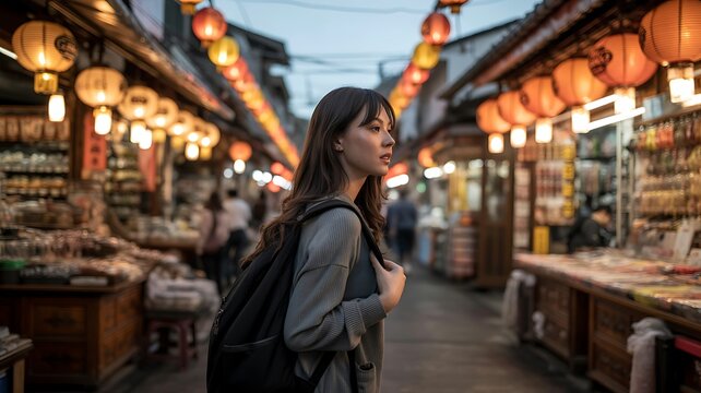 Woman walks through a vibrant market with stalls and lanterns