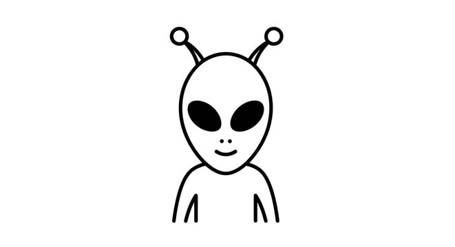 Simple line art drawing of a friendly alien character icon. Extraterrestrial creature with large eyes and antennae, minimalist cartoon.