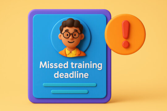 Playful cartoon interface showing friendly smiling character avatar next to floating warning badge for missed training deadline with vibrant color palette and soft lighting highlighting education