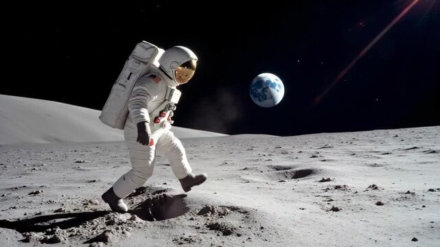 An astronaut walking on the moon's surface with Earth visible in the distance.