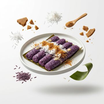 Filipino sticky rice cake puto bumbong with coconut flakes