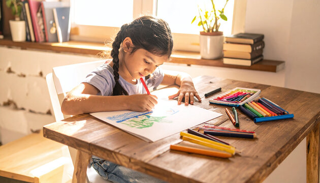 A young girl with braids focuses on her colorful drawing at a sunlit wooden table. This heartwarming image captures the essence of childhood creativity, education, and artistic freedom.