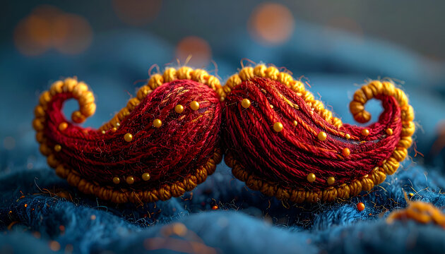 Whimsical Red Moustache Decoration with Golden Beads on Textured Blue Surface.