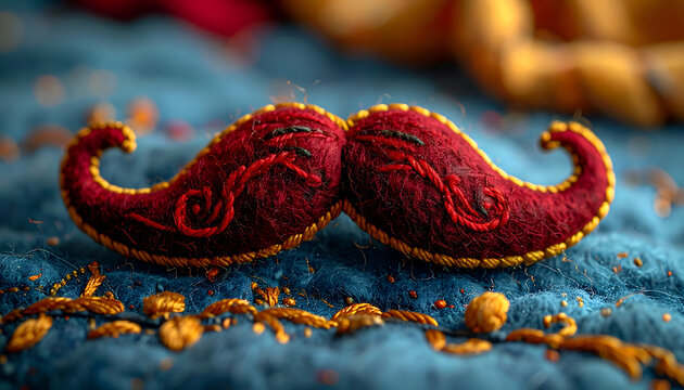 Ornate Red Paisley Mustache Ornament on Textured Blue Background.