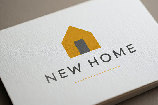 White business card with minimalist yellow house logo and new home text for real estate branding concept and property investment marketing in professional macro style