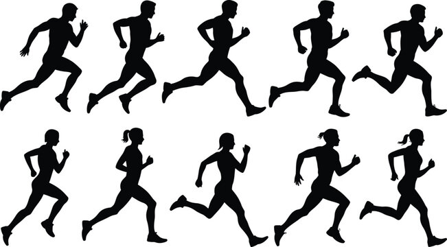 Silhouettes of diverse people running in a row black  diversity race