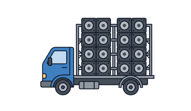 Sound system transport blue truck carrying stacked pa speakers