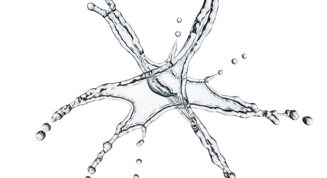 Clear water splash forming a star shape with liquid droplets radiating outward against a solid black background, speed