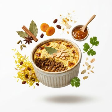 Traditional bobotie dish with spices and rice levitating around it