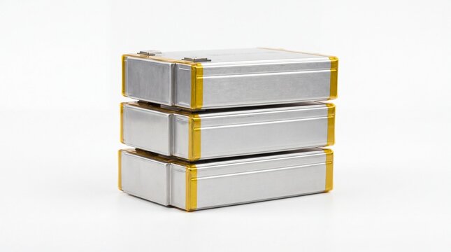 Three stacked rectangular lithium ion battery cells on white background