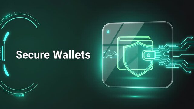 Glowing futuristic icon symbolizing secure digital wallets and financial technology, with a shimmering shield protecting a wallet against a dark, high tech background with circuit board elements