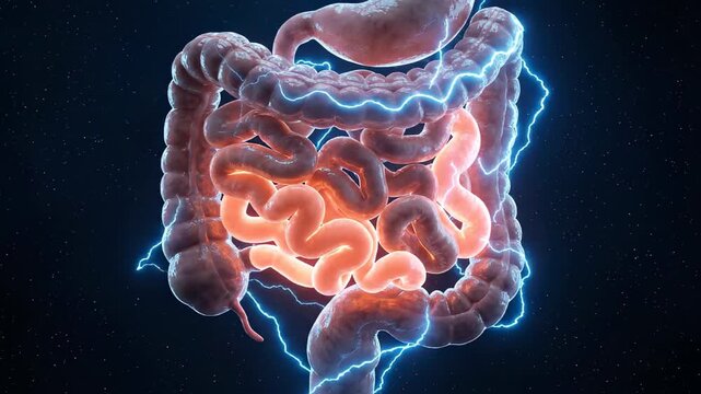 Medical visualization of a human digestive system suffering from intestinal problems, abdominal pain, or inflammation, with a glowing red highlight on the affected area over a dark background