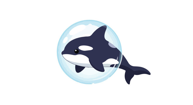 Illustration of an orca swimming inside a transparent blue sphere with a white background.