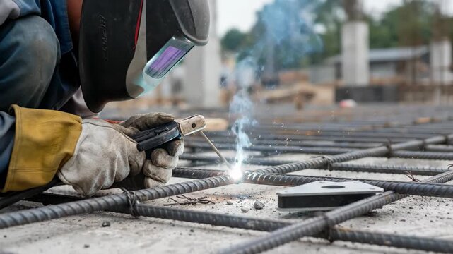 Professional welder joining steel reinforcing bars with an arc welder, creating a rebar mesh for a concrete foundation during construction work, with bright sparks and smoke rising from the weld