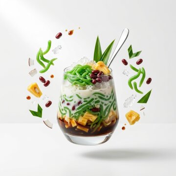 Traditional cendol dessert with various ingredients in a glass