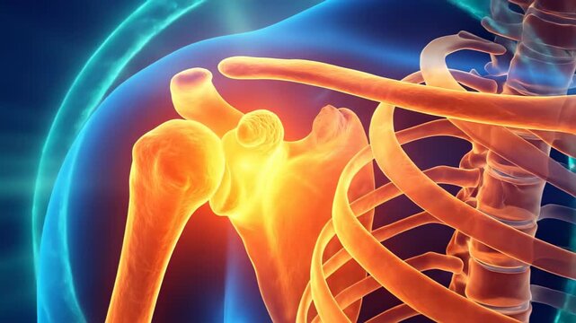 Medical animation showing a close up of a painful and inflamed shoulder joint, highlighting the humerus, clavicle, and scapula bones with a red and orange glow indicating injury and ache
