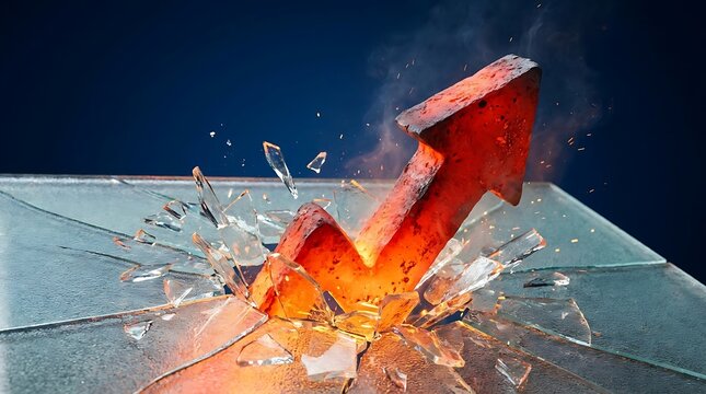 Fiery red arrow shattering glass, symbolizing aggressive growth and disruption