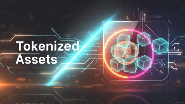 Futuristic animation showing the concept of tokenized assets, with digital blocks transforming into a bitcoin symbol on a glowing circuit board background representing blockchain technology