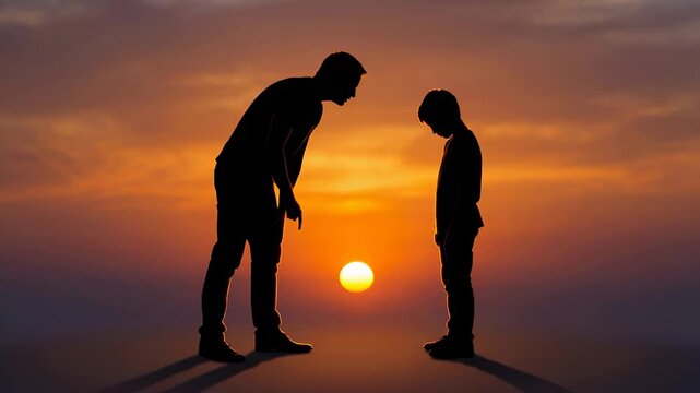 Silhouetted father scolding his son with a bowed head against a dramatic sunset, symbolizing punishment, discipline, family conflict, and the complexities of parenting and childhood