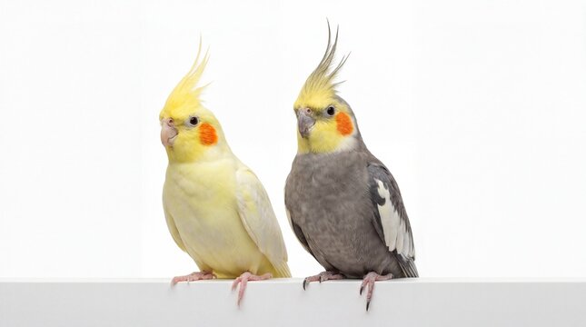 Two beautiful cockatiel parrots sitting together on white background
