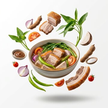 Sinigang soup with ingredients falling into bowl on white background