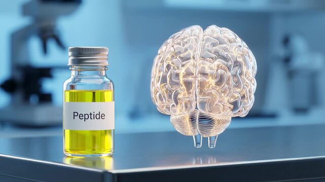 Conceptual animation showing a vial of peptide stimulating a glass brain model, representing the neurological benefits and cognitive enhancement from nootropic drugs in a modern science laboratory