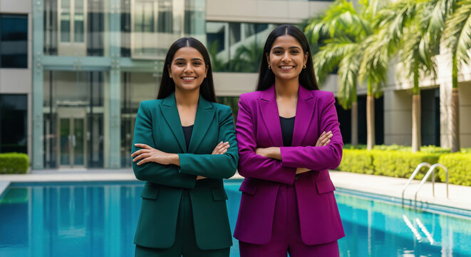 Confident businesswomen stand together in a modern outdoor corporate setting