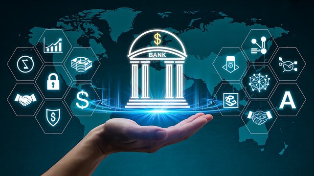 Global digital banking and financial technology concept with virtual bank interface and world economy icons