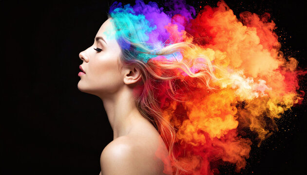Artistic profile of a woman with vibrant rainbow smoke exploding from her hair against a black background. Symbolizes creativity, mental energy, and passion for bold design projects.
