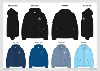 Men's Polyester Hooded Windbreaker Tech Pack - Front, Back, and Side View Vector © MuaraArt