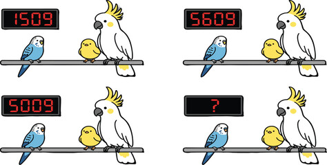Educational Math Logic Puzzle Vector Featuring Cockatoo Budgie and Chick Bird Characters for Kids School Activity Worksheets © MdSirazul