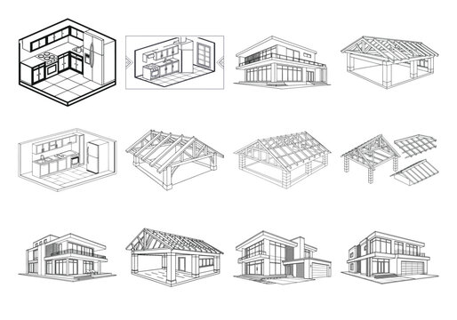 Black and white line of various house styles and architectural line house home architecture