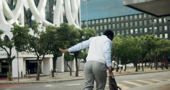 Dance, excited and black man in city on commute for promotion, job opportunity and success. Corporate, professional and happy person in urban town for celebration, business achievement and victory