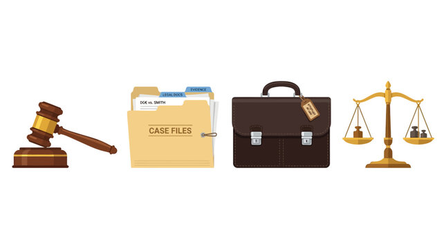 Legal elements including a wooden gavel, organized case files folder, a professional leather briefcase, and golden scales of justice.