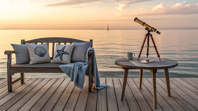 Luxury seaside lounge setup with telescope and comfortable outdoor seating overlooking calm ocean at sunset