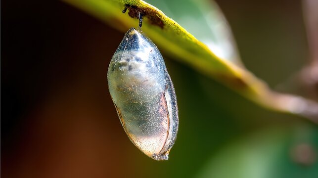 Caterpillar in translucent chrysalis showing butterfly silhouette, natural transformation, soft focus on leaf with gentle light