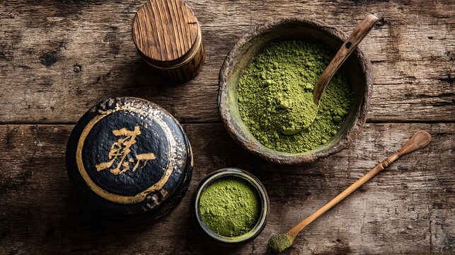 Fine ground green matcha tea powder stored in traditional ceramic bowls with wooden tea scoop tools