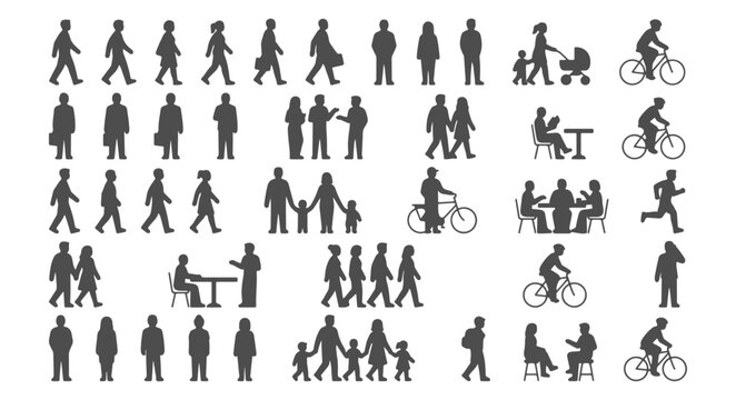 Black Architectural People Silhouette Set with Diverse Figures for Site Planning and Elevation Design