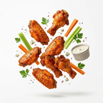Spicy buffalo chicken wings with carrots, celery, and blue cheese