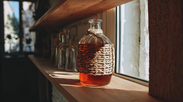 Glass demijohn with wicker wrapping on wooden shelf, amber liquid, natural window light, rustic setting, shallow depth of field