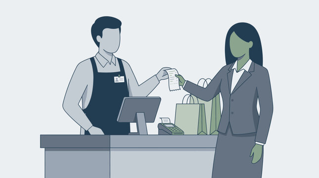 Businesswoman receiving shopping receipt from cashier.