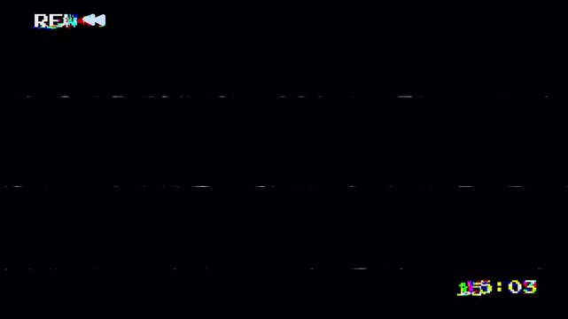 VHS Video Tape Rewind Screen with REW Symbol and Analog TV Noise on Black Background 4k video