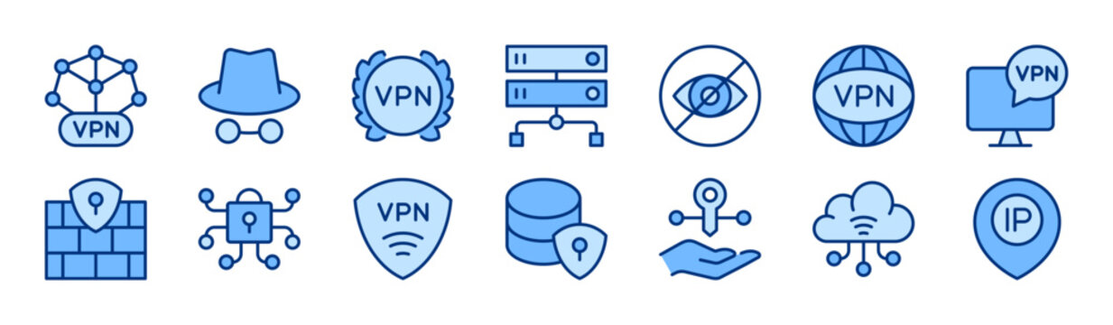 VPN filled icon set. Virtual Private Network, Cybersecurity, Data Security, Internet Privacy, Encrypted concept. Blue vector icons collection.
